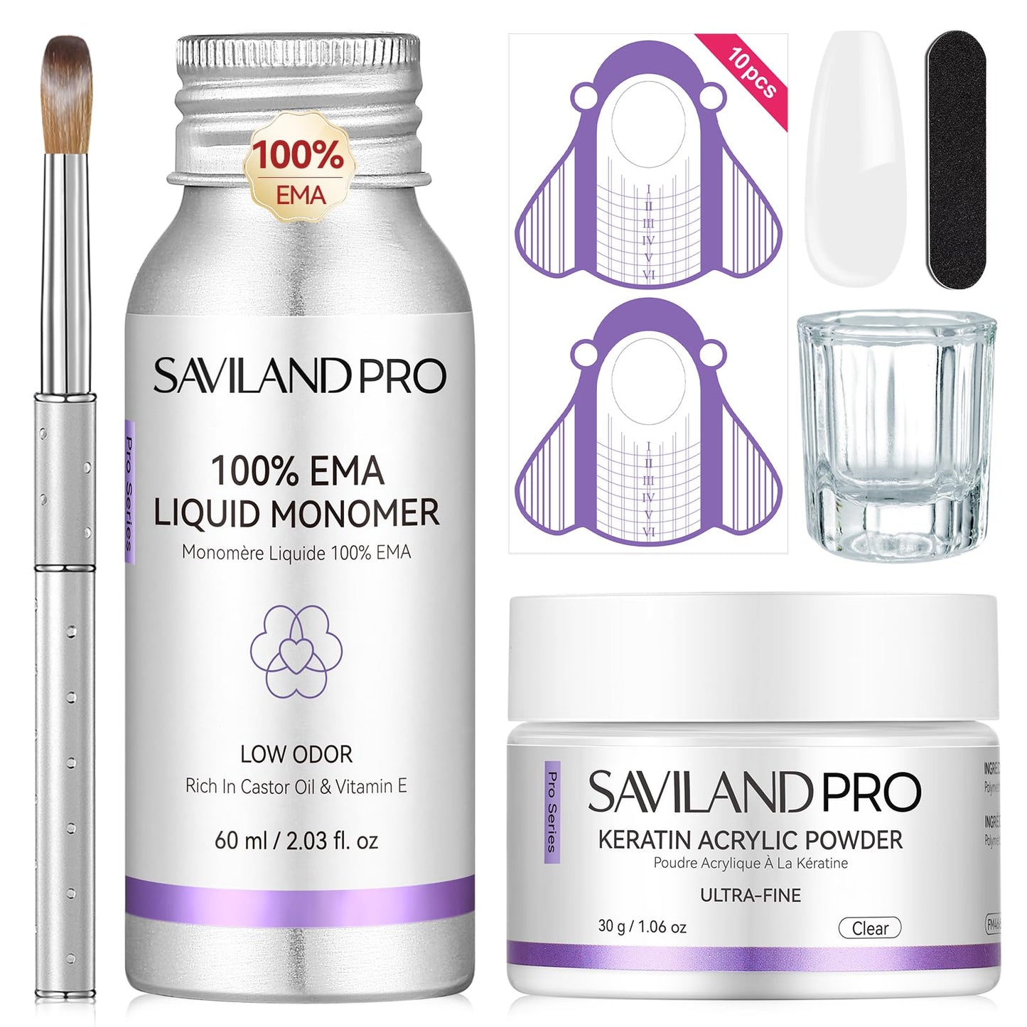 SAVILAND Acrylic Nail Kit Low Odor: Bio-Sourced Nail Kit Acrylic Set with Bio-Based Keratin Clear Powder and Liquid Set Size 12 Kolinsky Brush File Forms & Tools for Professionals Home Salon Manicure
