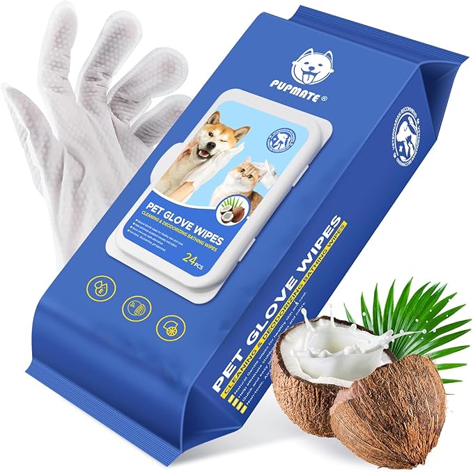 PUPMATE Pet Cleaning Glove Wipes for Dogs & Cats, Hypoallergenic Deodorizing Disposable No-Rinse Grooming Wipes, Wipes, Perfect for Pet Dry Cleaning, Daily Care and Travel, Coconut Scent, 48 pcs