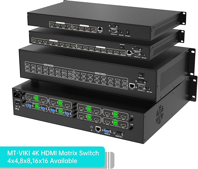 MT-VIKI Upgraded 4K HDMI Matrix Switch 16x16 Support Web GUI w/IR Remote, 4K@30Hz Rack Mount Switcher&Splitter, EDID, RS232, LAN Port, (Built-in US ADI Chip)