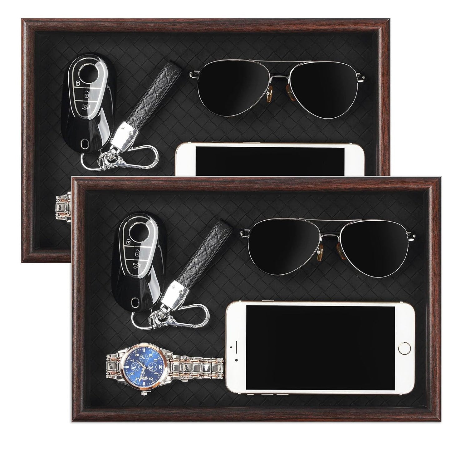 Zosenley Wooden Valet Tray with Leather Base - Nightstand Catchall Organizer for Cologne, Perfume, Keys, Wallet, Phone, Watch, Jewelry & Sunglasses (2Pcs Black)