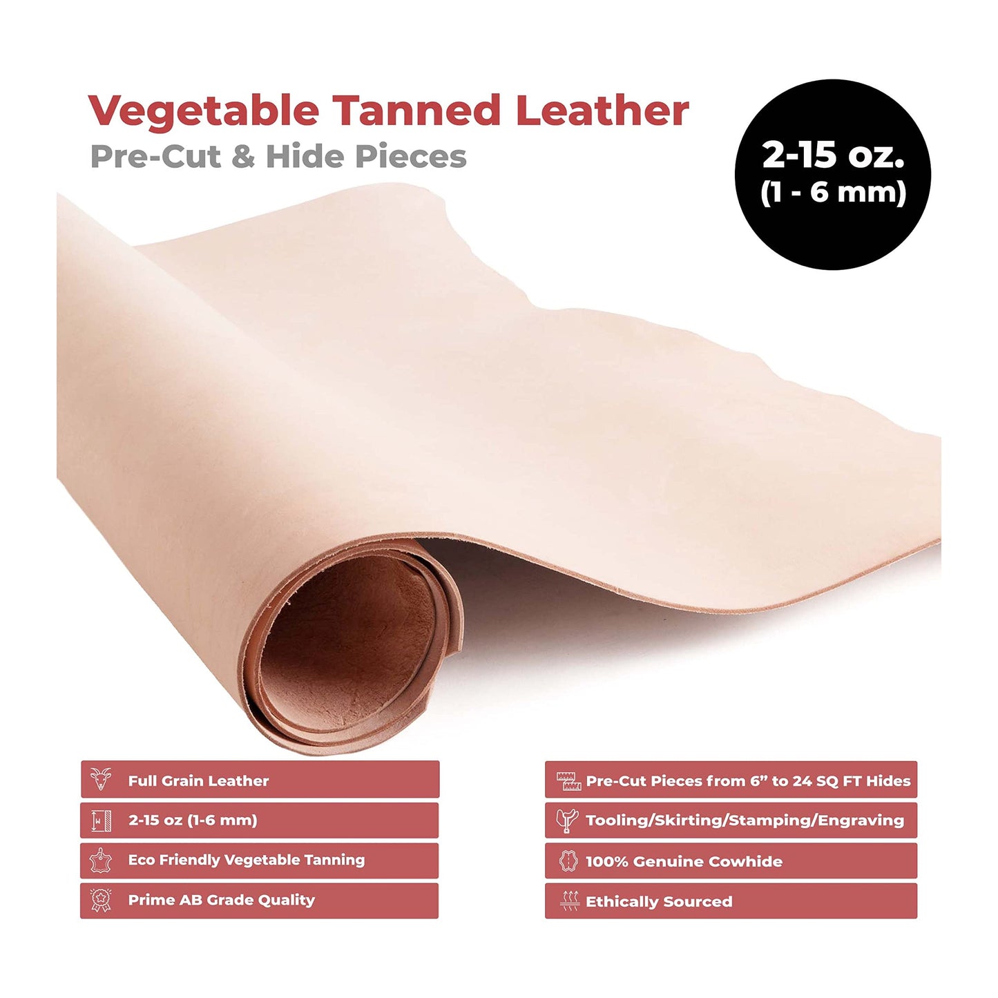 ELW 3-4 oz (1.2-1.6mm) Thickness Weight Pre-Cut 12"x24" Vegetable Tanned Leather Cowhide Grade AB Full Grain Leather for Tooling, Carving, Engraving, Molding, Embossing, Stamping, & Dyeing