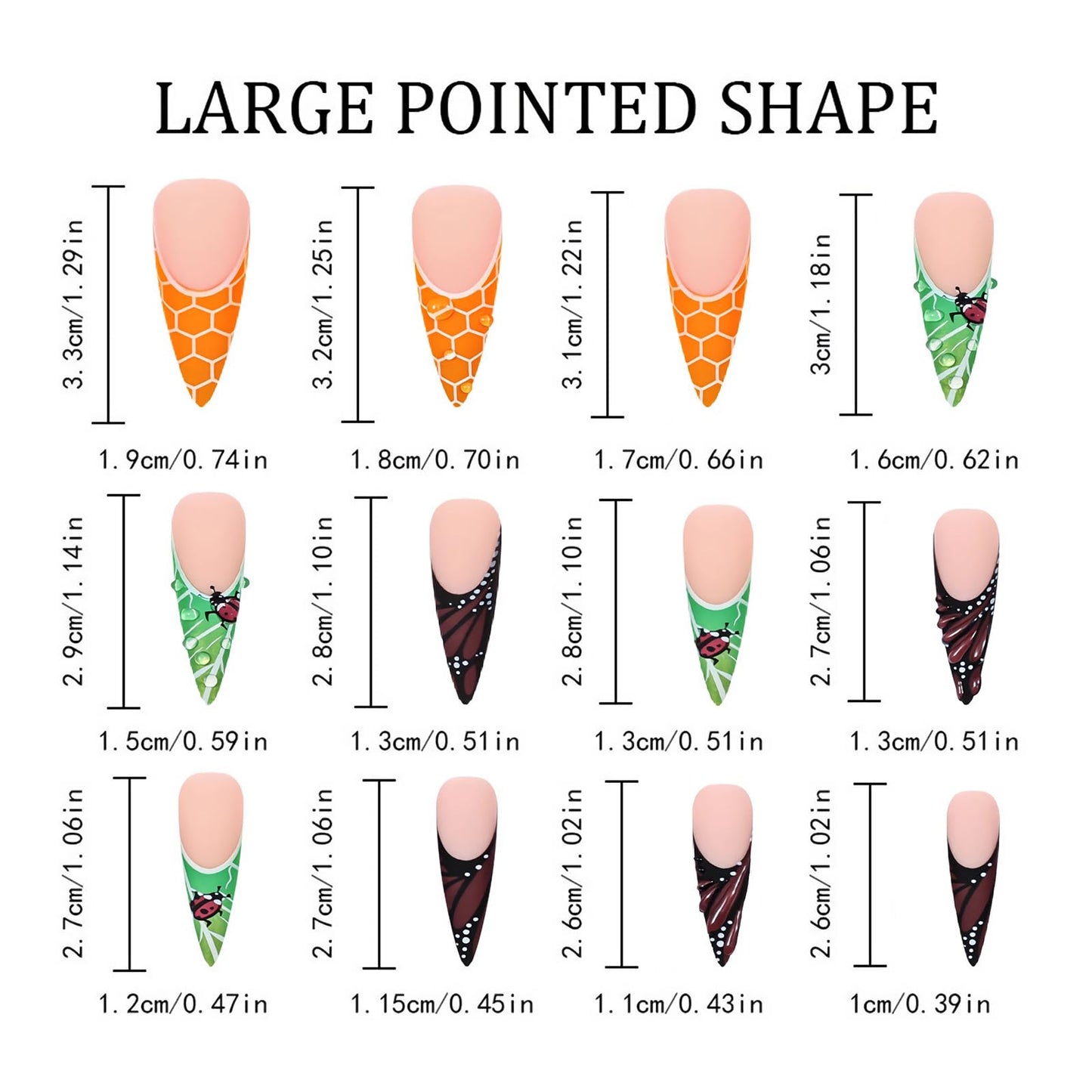 MISUD Press on Nails - Long Stiletto Fake Nails with Matte Orange Green French Tip, Acrylic Butterfly Ladybug Design 24 pcs