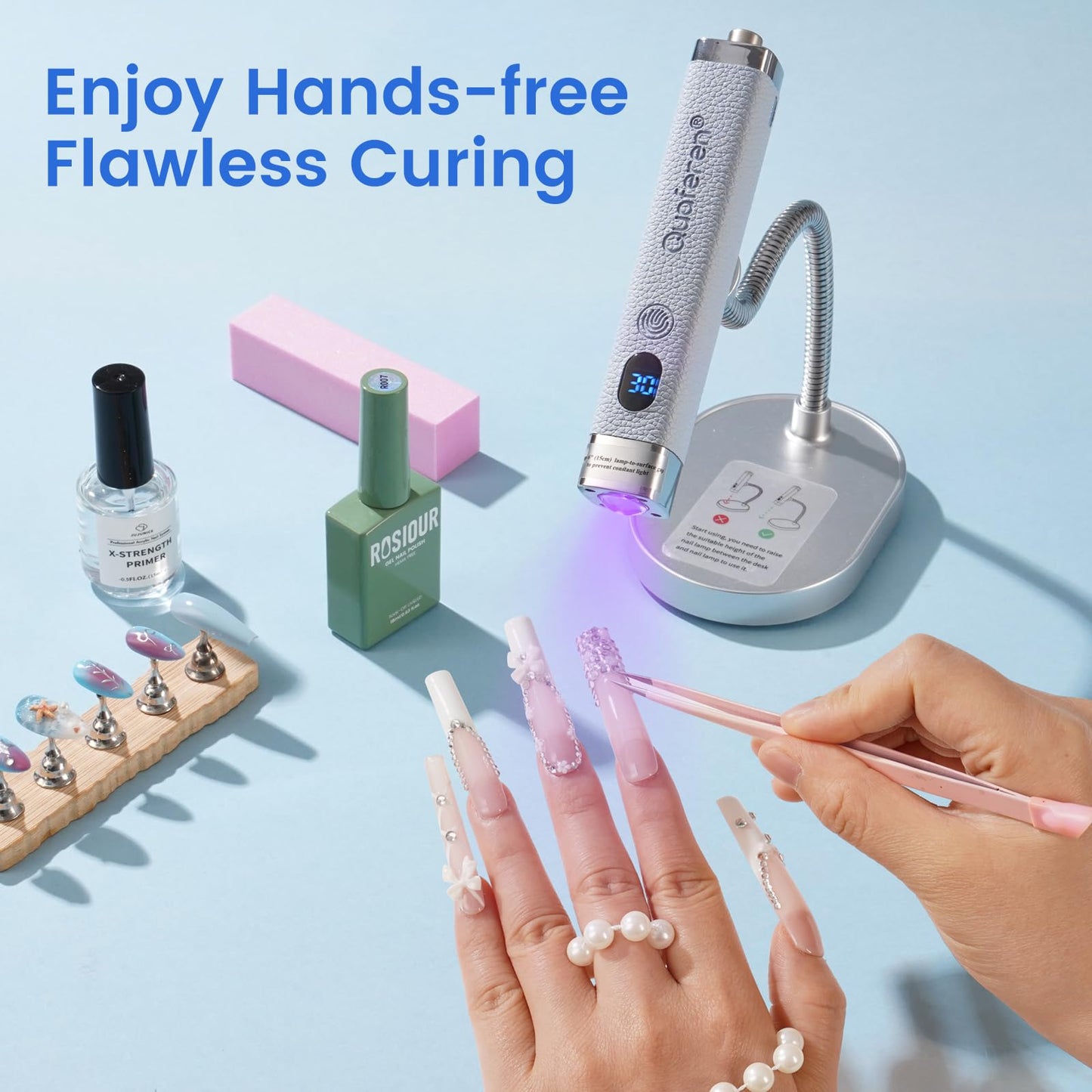Quaferen Mini Handheld UV Light for Gel Nails with Stand, Rechargeable Flash Cure Nail Lamp with Auto Sensor, Cat Eye Magnet for Fast Drying at Home Salon (Blue)
