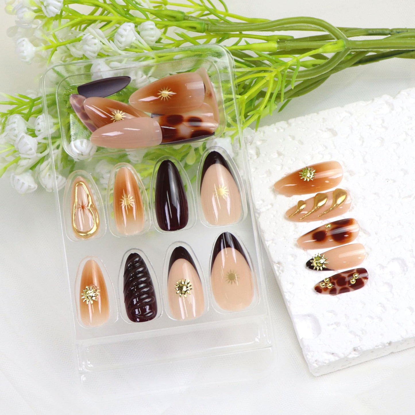 Press on Nails Medium Almond False Nails with 3D Water Ripples Stars Pearls Irregular Pattern Designs Dark Brown French Nails Press ons Glossy Glue on Nail Nude Fake Nails for Women Girls 24Pcs