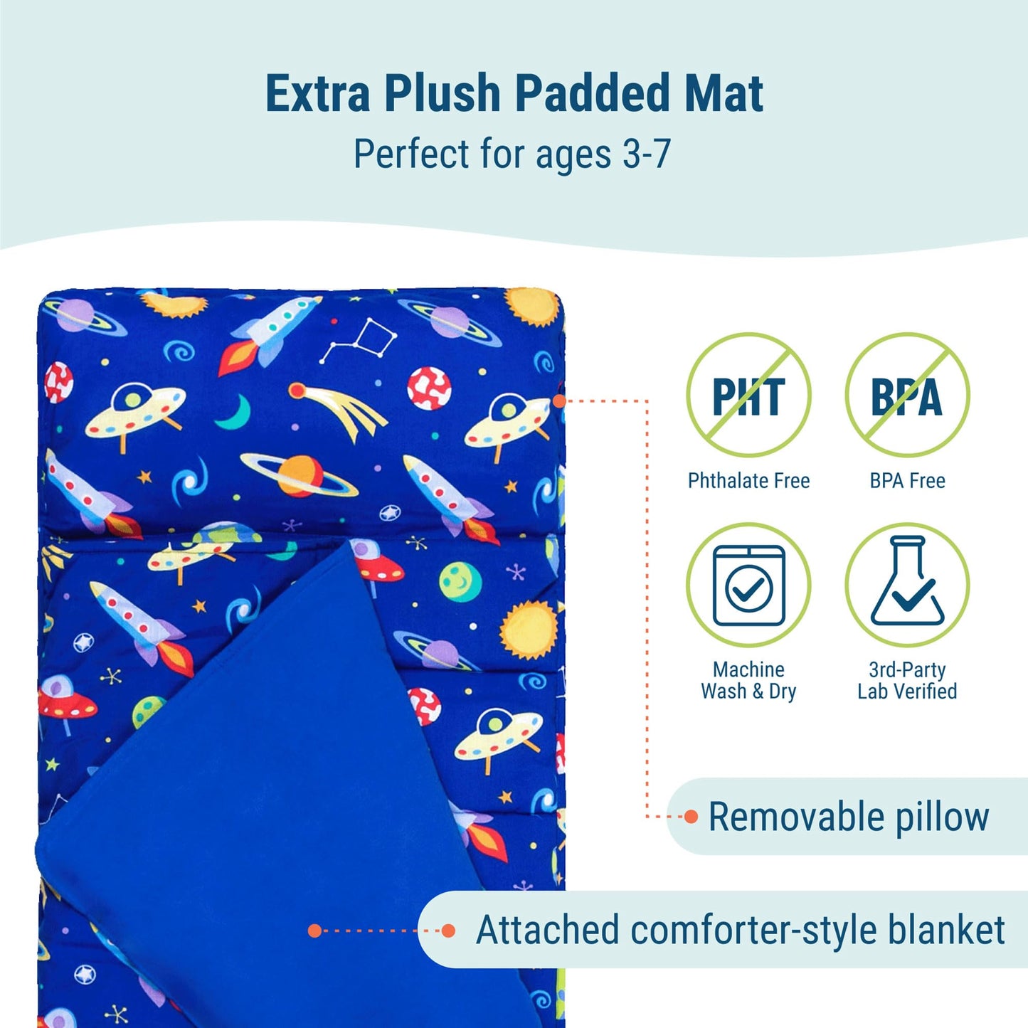 Wildkin Kids Original Nap Mat – Cozy Kids Sleep Mat with Pillow, Ideal for School & Travel - Out of This World