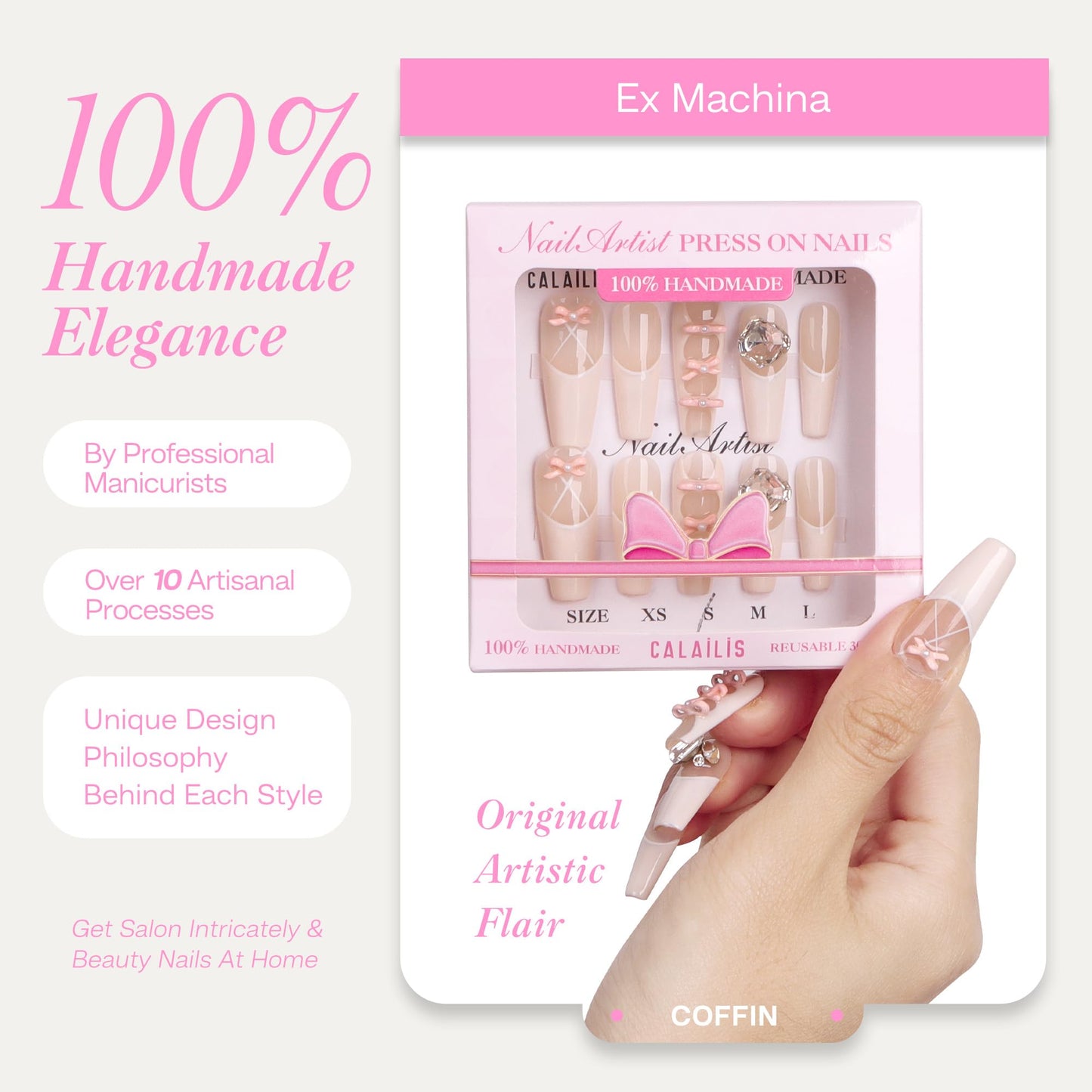 CALAILIS Handmade Press On Nails - Coffin Fake Nails Design By Nail Technician, Reusable 3D Painted Nail Art (Ballet Art, M)