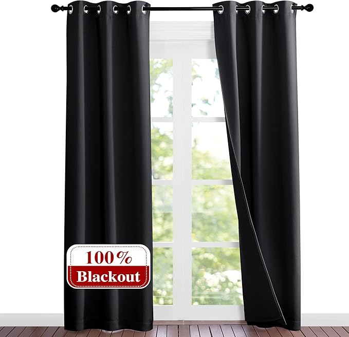 NICETOWN High-End Thermal Kitchen Curtains, Full Blackout Curtains 84 Inches Long for Dining Room, Soundproof Window Treatment Drapes for Hall Room, Black, 37" Wide Per Panel, Set of 2 Panels