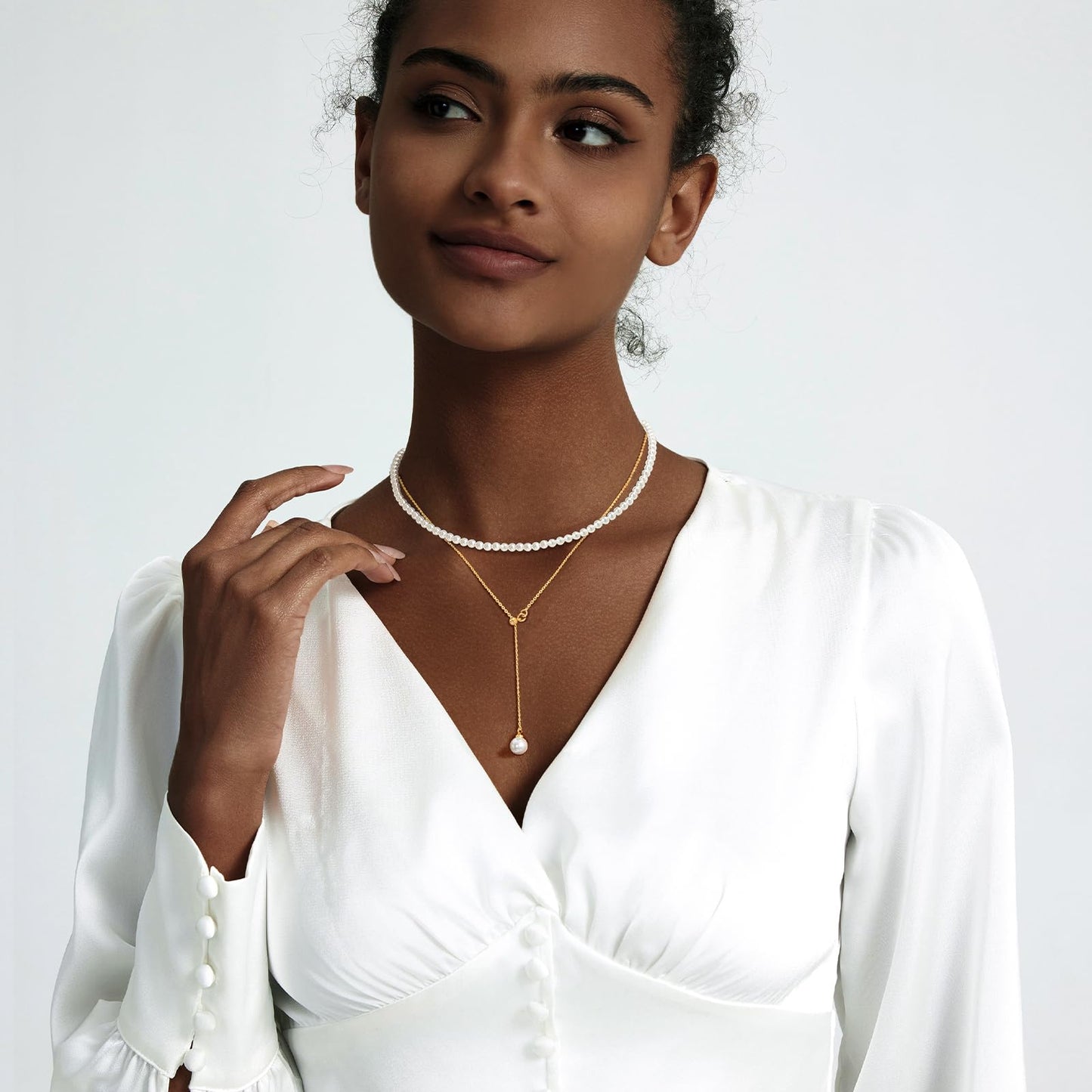 Zeffy Layered Long Pearl Necklaces Dainty Gold Pearl Lariat Necklace Stack Prom Drop Dangle Statement Adjustable Trendy Simple Pearls Choker Y-Shaped Chain Wedding Women's Jewelry Set Gift