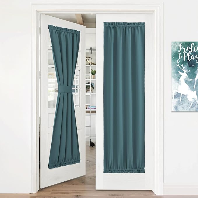 NICETOWN Blackout Door Curtain - Elegance French Door Shade for Privacy Rod Pocket Thermal Insulated Curtain Drape for Small Window, 36W by 72L, 1 Panel, Sea Teal