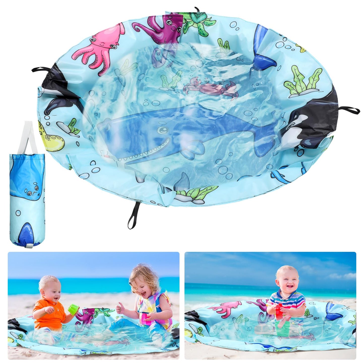 Tondiamo 4.6 x 4.6 ft Beach Pool for Toddler Baby Beach Pool Blanket 2 in 1 Waterproof Sandproof Kiddie Foldable Sand for Kid Vacation Picnic