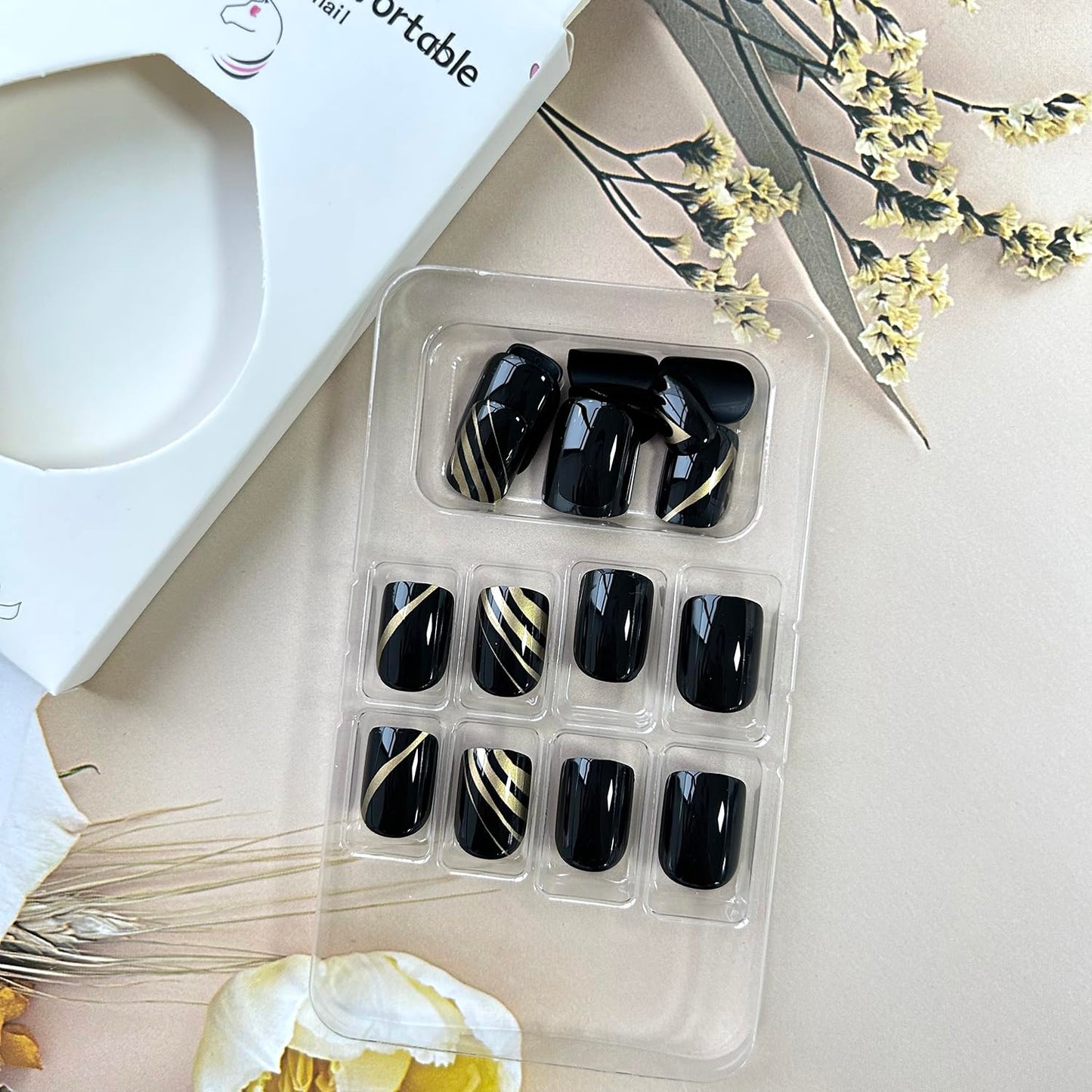 Press On Nails - Short Black False Nails with Gold Lines Design, Square, Full Cover, Glossy Acrylic, French Artificial, Reusable Glue on Nails for Women's Manicure Kit