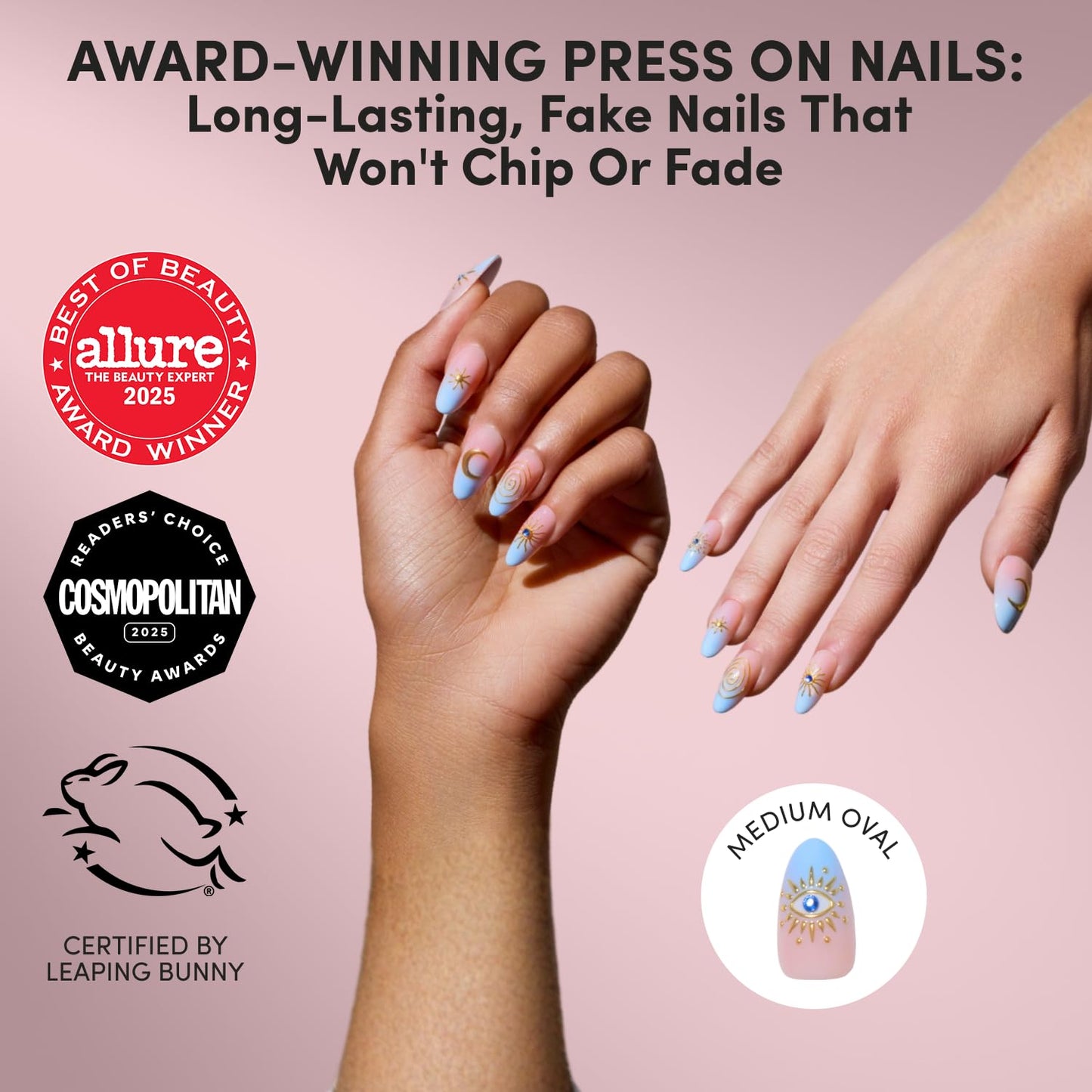 Glamnetic Medium Oval Press-On Nails Bundle - Spirited Sky & Capri Coast | Celestial Fake Nails with Gold Accents | Blue French Tips with Orange Accents | Durable, Salon-Quality Nail Kits