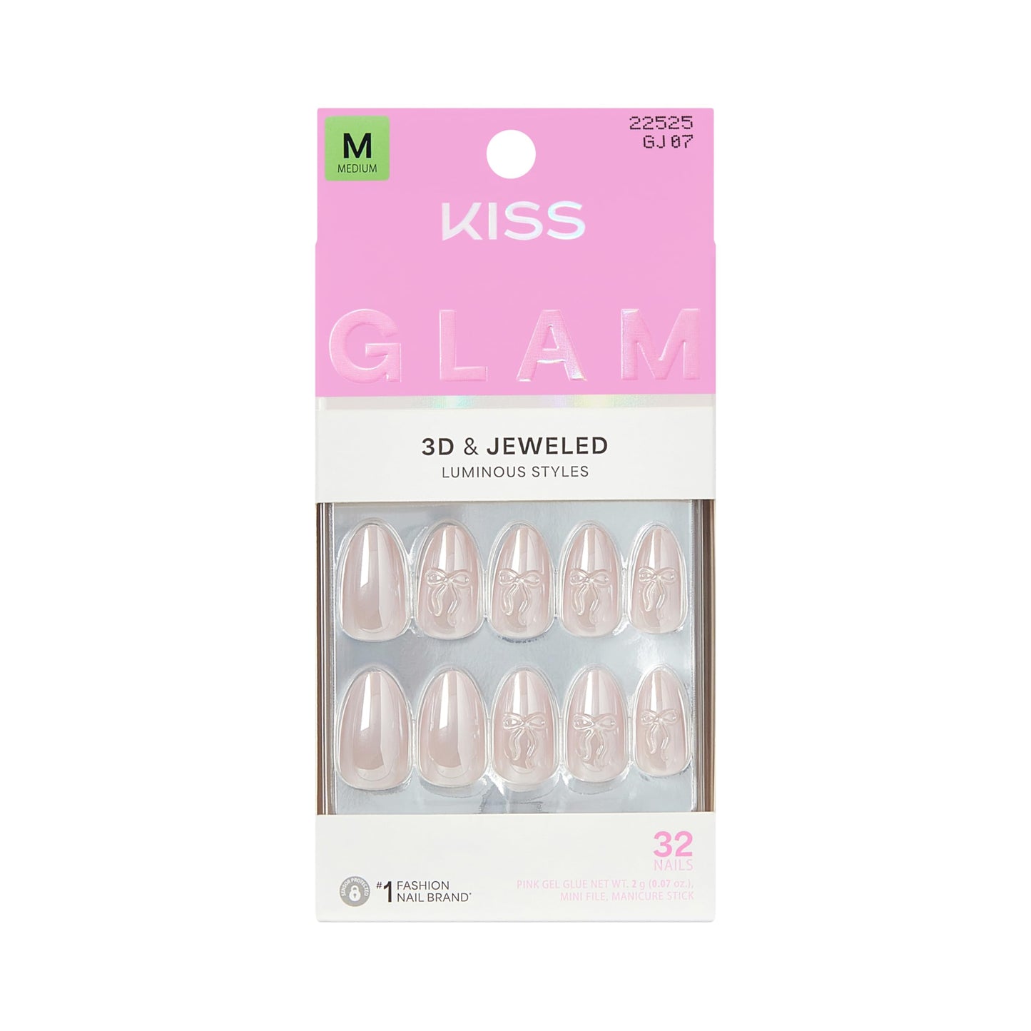 Kiss Glam, Press On Nails, Nail glue included, 'Ripple', Pink, Medium Size, Almond Shape, Includes 32 Nails, 2g Glue, 1 Manicure Stick, 1 Mini File