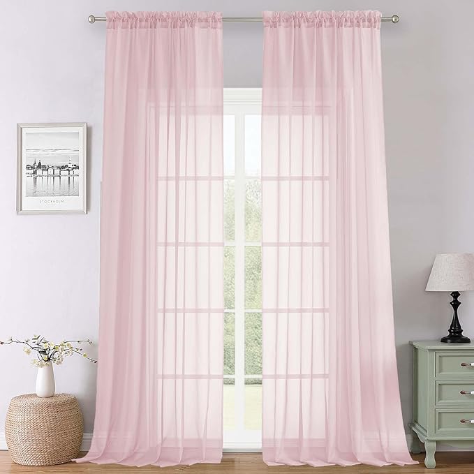 Lecloud Blush Pink Sheer Curtains 108 Inches Long 2 Pcs, Dual Rod Pocket Home Decor Living Room Curtains for Bedroom, Light Filtering Airy Voile Solid Elegant Drapes, Each Panel 59" W x 108" L