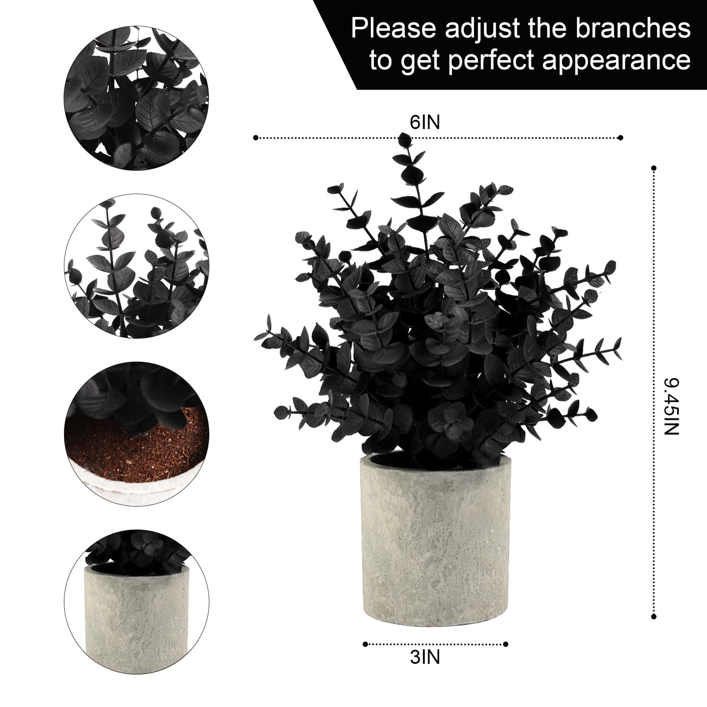 Coferset 2 Pack Black Fake Eucalyptus Small Fake Plants Potted Artificial Plants for Halloween Shelf Desk Home Farmhouse Room Coffee Table Decor Bathroom Decor (Black)