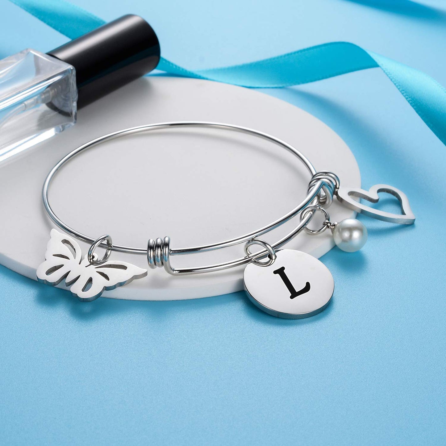 malyunin Initial Bracelet Charm Bracelets Heart Butterfly 26 Letters Alphabet Bracelet for Women Letter Bracelet Personalized Jewelry (L)