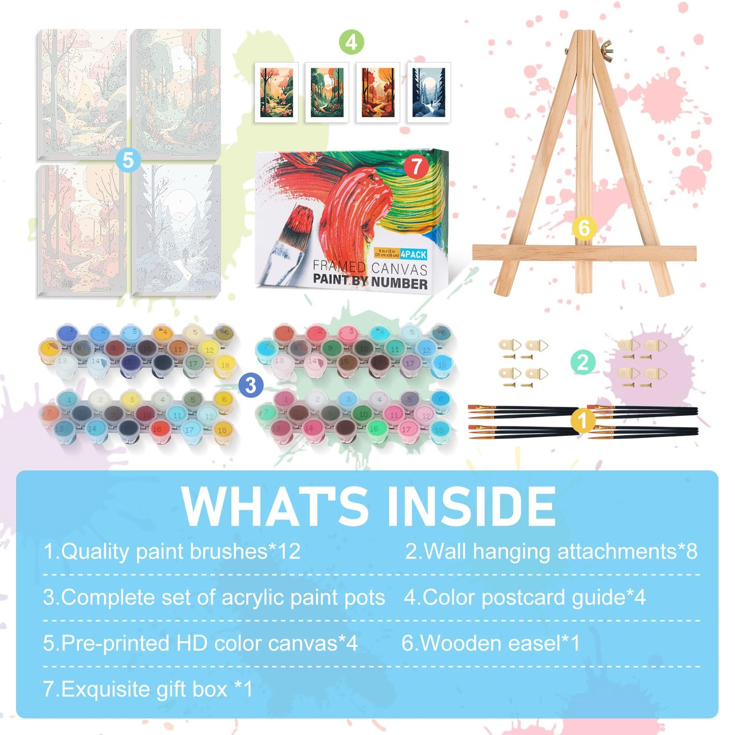 Offito 4 Pack Framed Paint by Numbers Kit for Adults Beginners with Wooden Easel, Four Seasons Easy Paint by Number Kit with Frame, Watercolor Adult Paint by Number Framed Canvas (8 * 12 Inch)