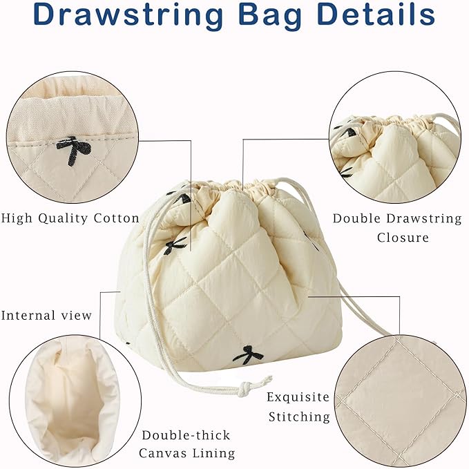 3Pcs Aesthetic Cotton Quilted Drawstring Makeup Bag Set, Aesthetic Cute Bow Makeup Pouch for Girls and Women, Aesthetic Travel Organized Cosmetic Bags for Purse(04Beige Bow)