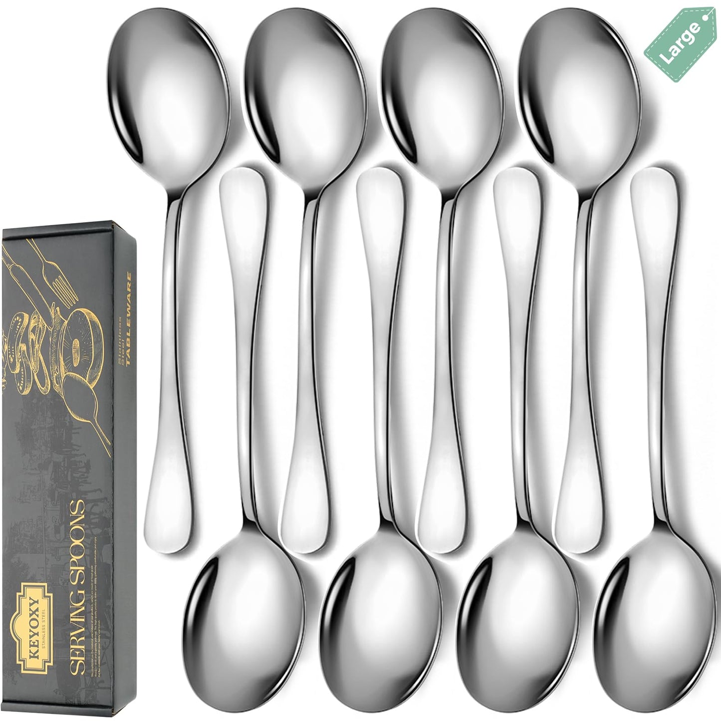 Keyoxy Stainless Steel Serving Spoons Set, 8pc, 10-Inch, Includes 8 Large Spoons, for Parties/Kitchen/Buffet/Catering, Dishwasher Safe