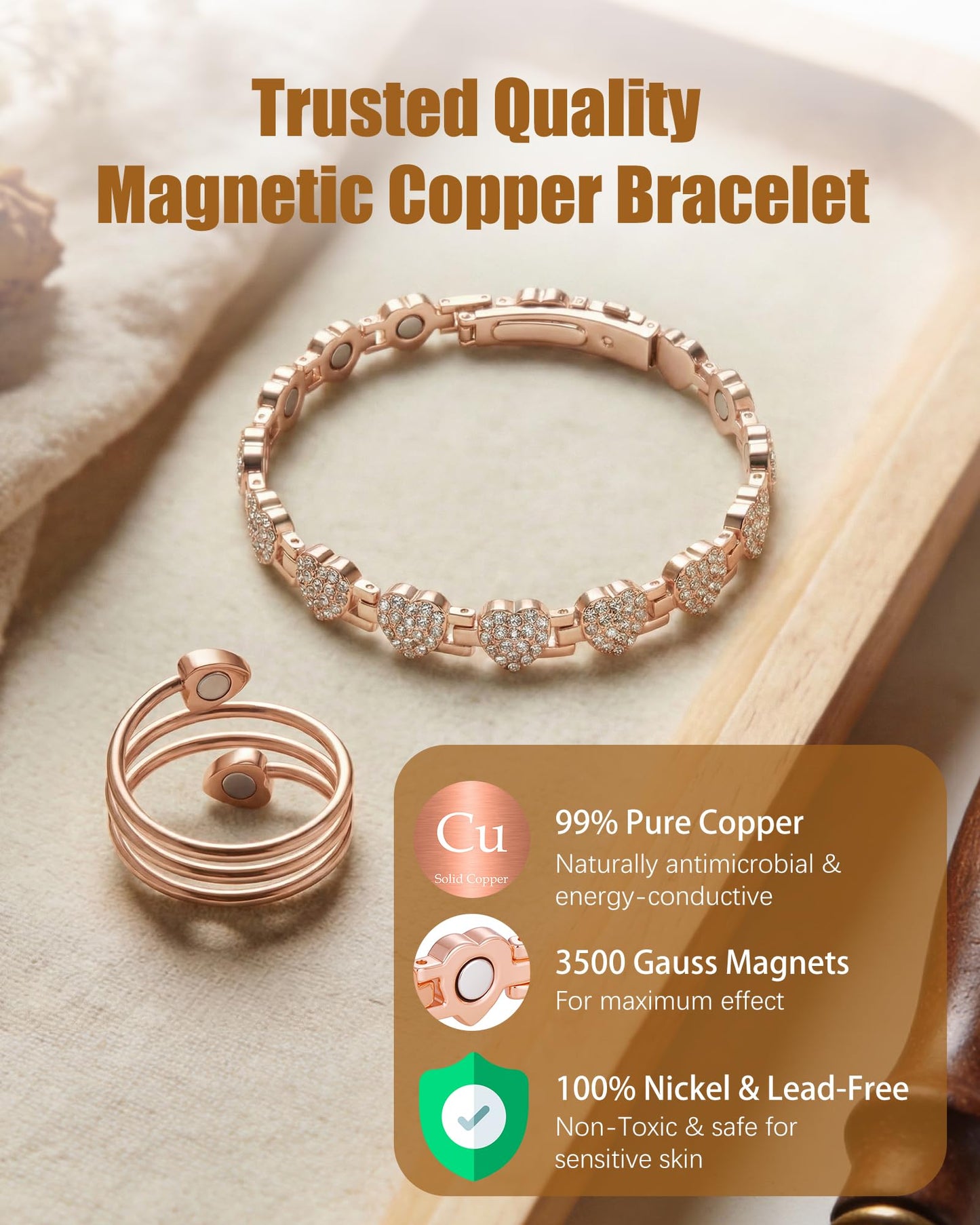 Jeracol Copper Bracelet & Ring for Women, Ultra Strength Magnetic Bracelet with 3800 Gauss Neodymium Magnets, Heart & Crystal Diamonds, Adjustable Tools and Jewelry Gift Box(Rose Gold)