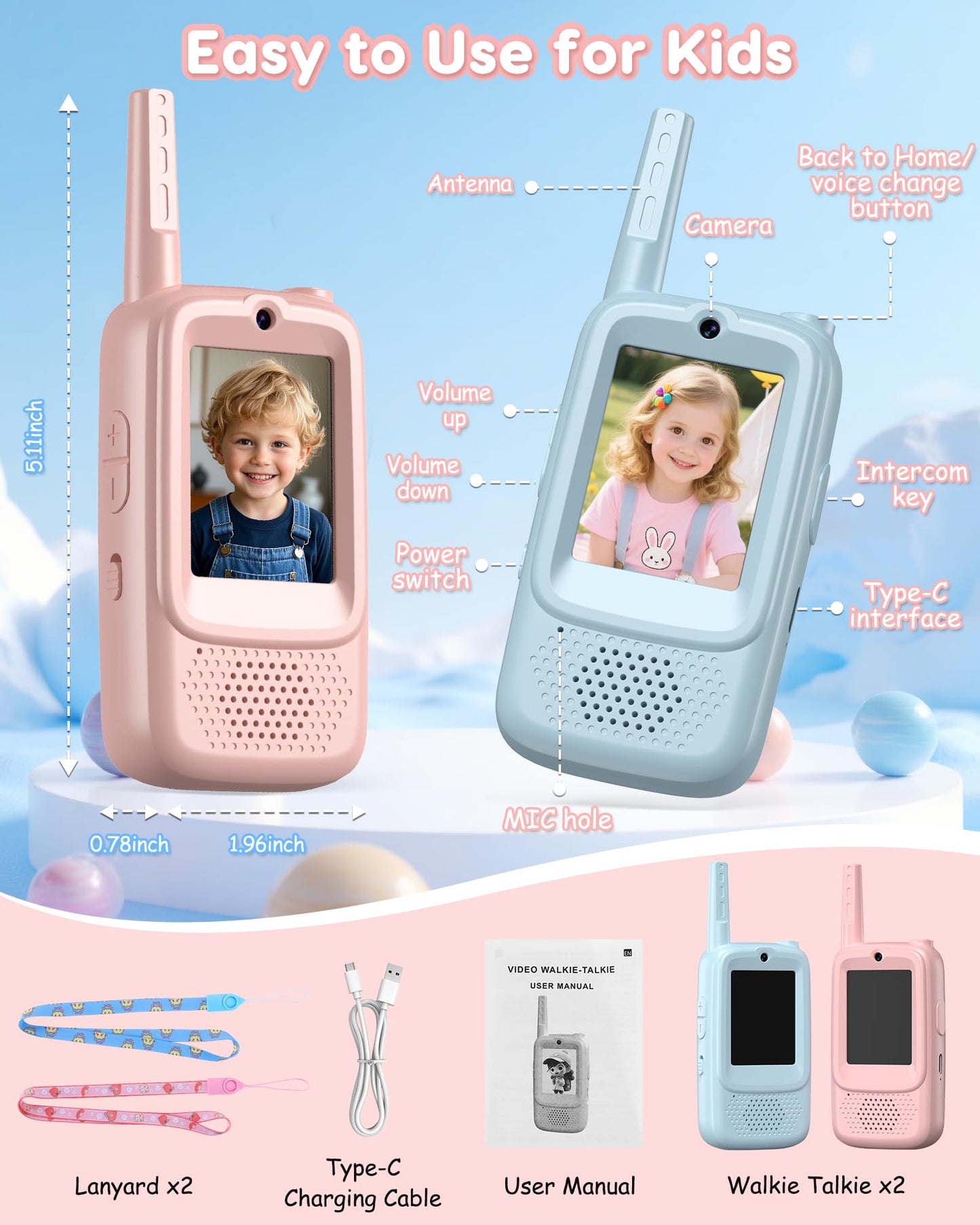 SwiftWi Kids Video Walkie Talkies, 2 Pack with Camera, See Each Other While They Talk, No WiFi No SIM Private Channel, USB-C Rechargeable, Up to 1150 Ft, Ages 3-12, Blue & Pink