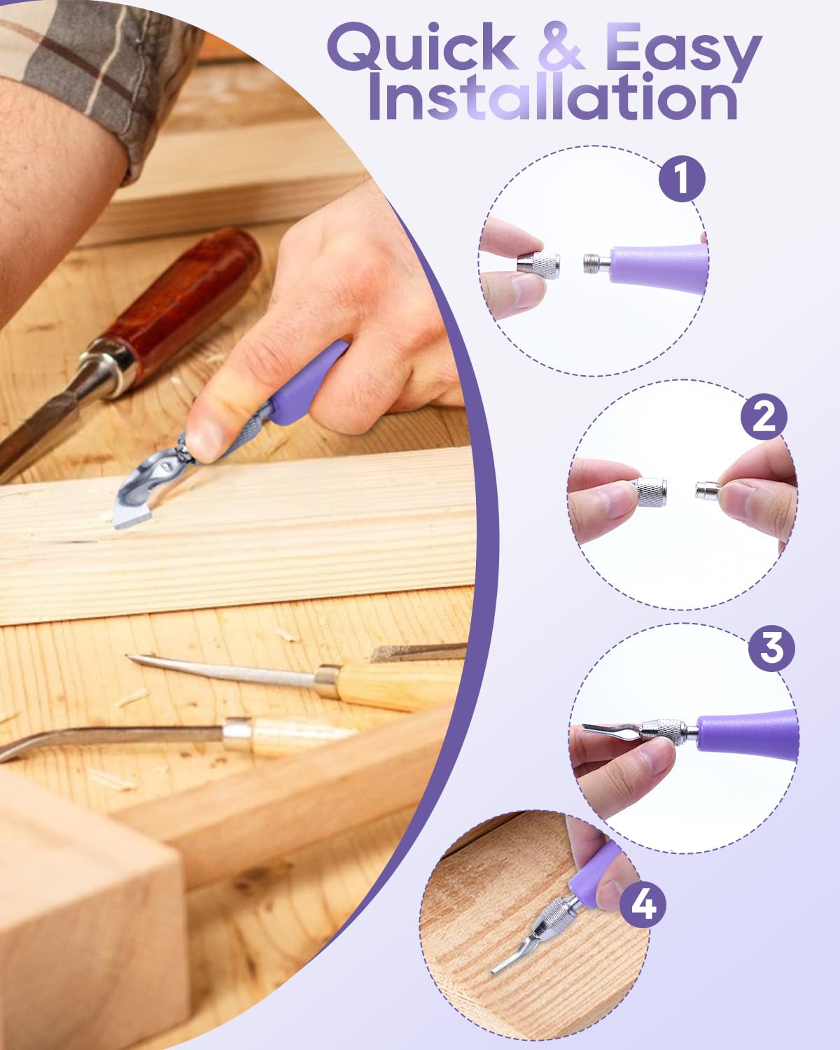 UCEC Linocut Carving Tools Linoleum Cutter Assortment for Block Printing Lino Cutting Tools for DIY Rubber Stamp Carving Kit & Beginners 6 Blades Universal Size Purple With A Brayer Roller(4 Inch)