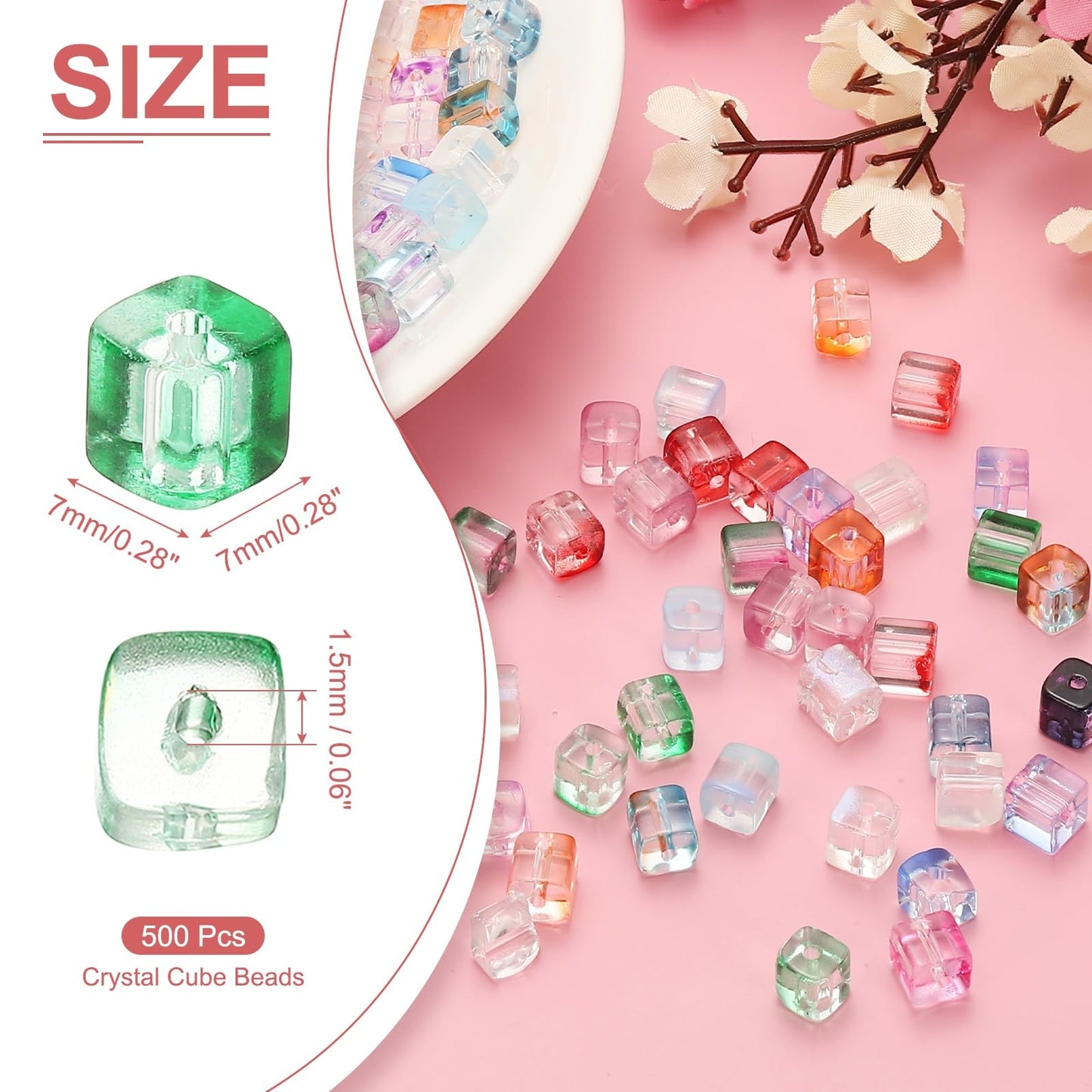 uxcell 500 Pcs Crystal Cube Beads, 7mm Clear Glass Faceted Square Spacer Beads Craft Making Supplies for Jewelry DIY Bracelet Earring Necklace, Green