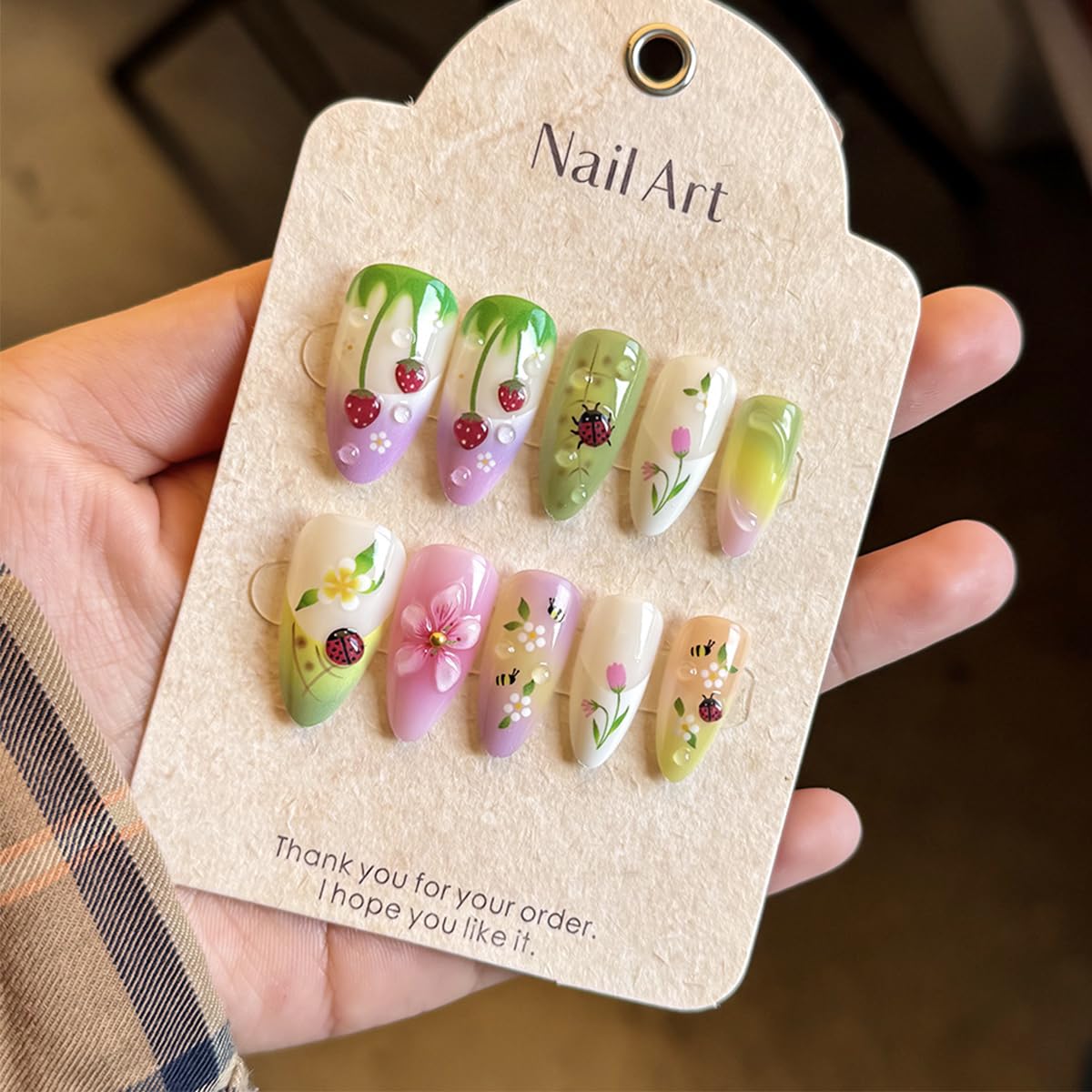 24Pcs 3D Floral Press on Nails Almond Shape Spring Cute Fake Nails with Bee Ladybug Design French Tip Acrylic False Nails Medium Length Reusable Stick on Nails Full Cover Artificial Nails for Women