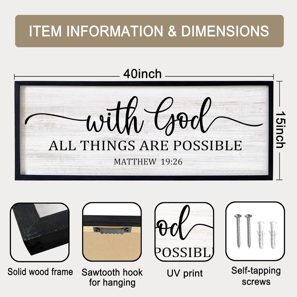 With God All Things are Possible Framed Wall Art, 40''×15'' Black Positive Religious Rustic Bible Verse for Christian God Jesus Christ Prayer, Holy Horizontal Inspirational Catholic Scripture Decor