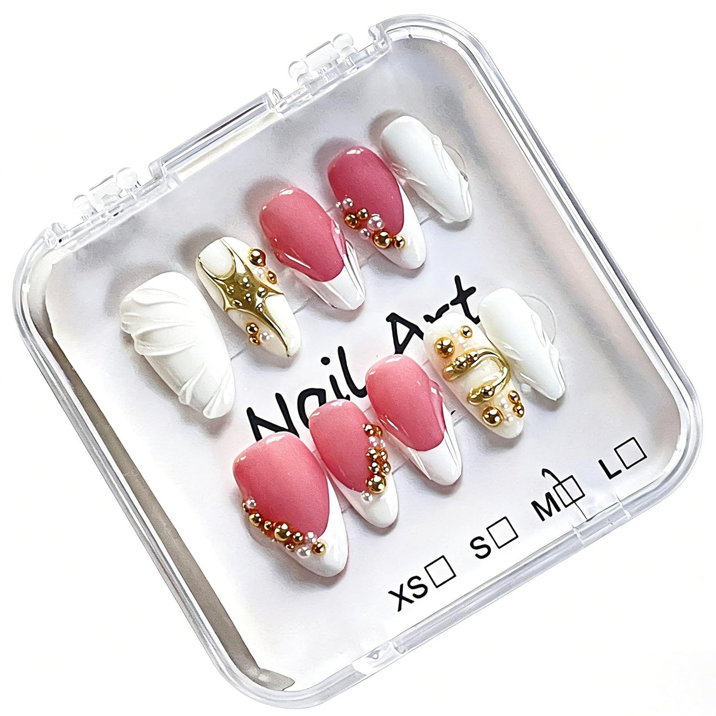 Handmade Press on Nails Medium Almond,French Tip Metal Pearl Bead Luxury Date Style for Women 10 Pcs(Size M)