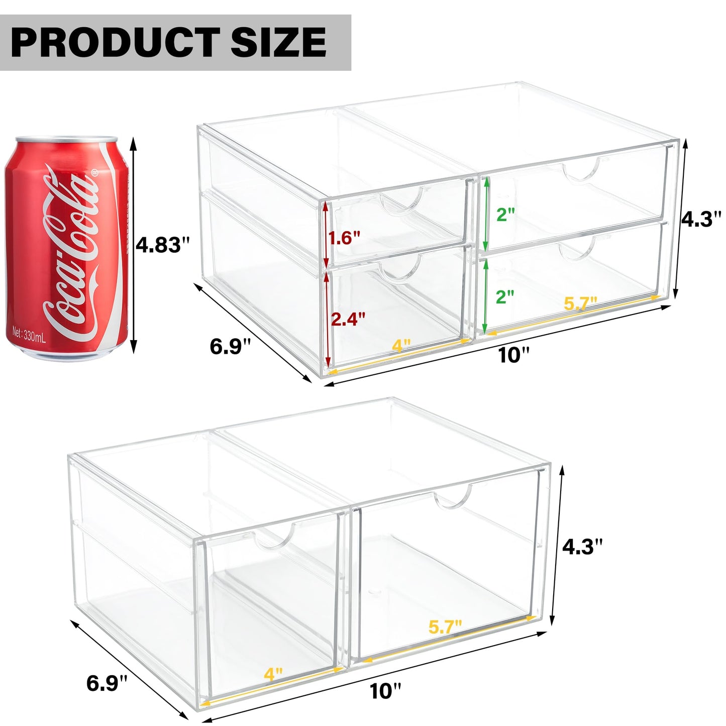 Prsildan Acrylic Drawer Makeup Organizer with 6 Drawers (Not for Baby Bottle), Set of 2 Office Desk Organizers Accessories, Clear Stackable Storage Drawers for Vanity, Craft (Largest Drawer 4" Tall)
