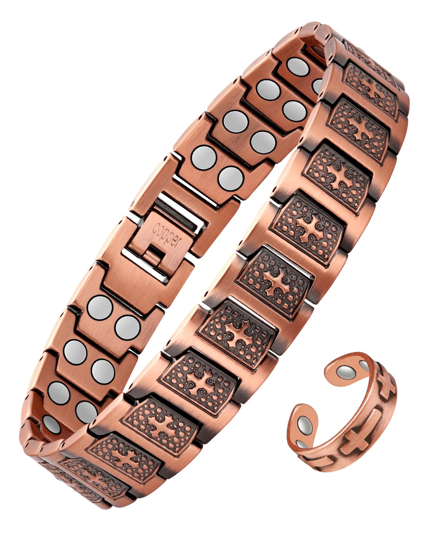 Jecanori 2X Copper Magnetic Bracelet for Men,Ultra Strength Cross Bracelet With Ring Include Adjustable Link, Jewelry Gift