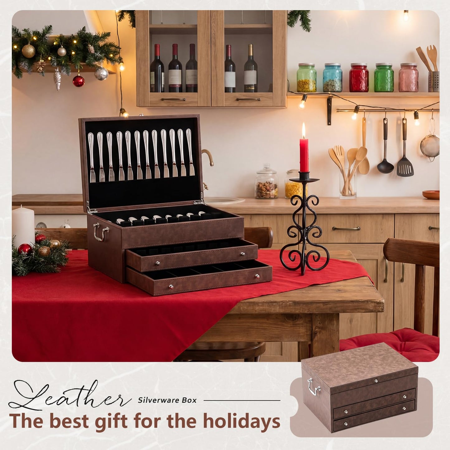 DoubleFill 3 Layer Leather Silverware Storage Box with Lid and Handles, Anti Tarnish Silverware Storage Chest Case with Felt-lined for 12-16 or More Sets of Utensils Flatware Gifts, 15.3x11.2x9 Inch