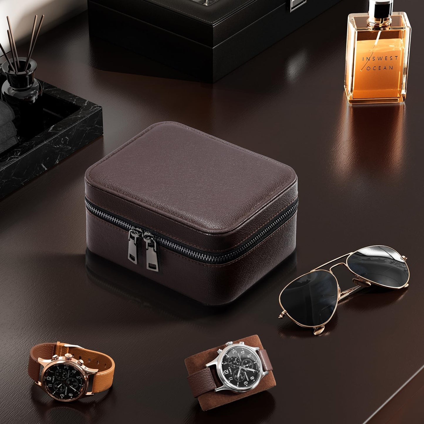 ProCase Travel Watch Case, 2 Slots PU Leather Mens Jewelry Box, Portable Watches Cufflinks Accessories Storage Case, Zippered Carrying Organizer Bag for Man, Valentine's Day Gift -Brown