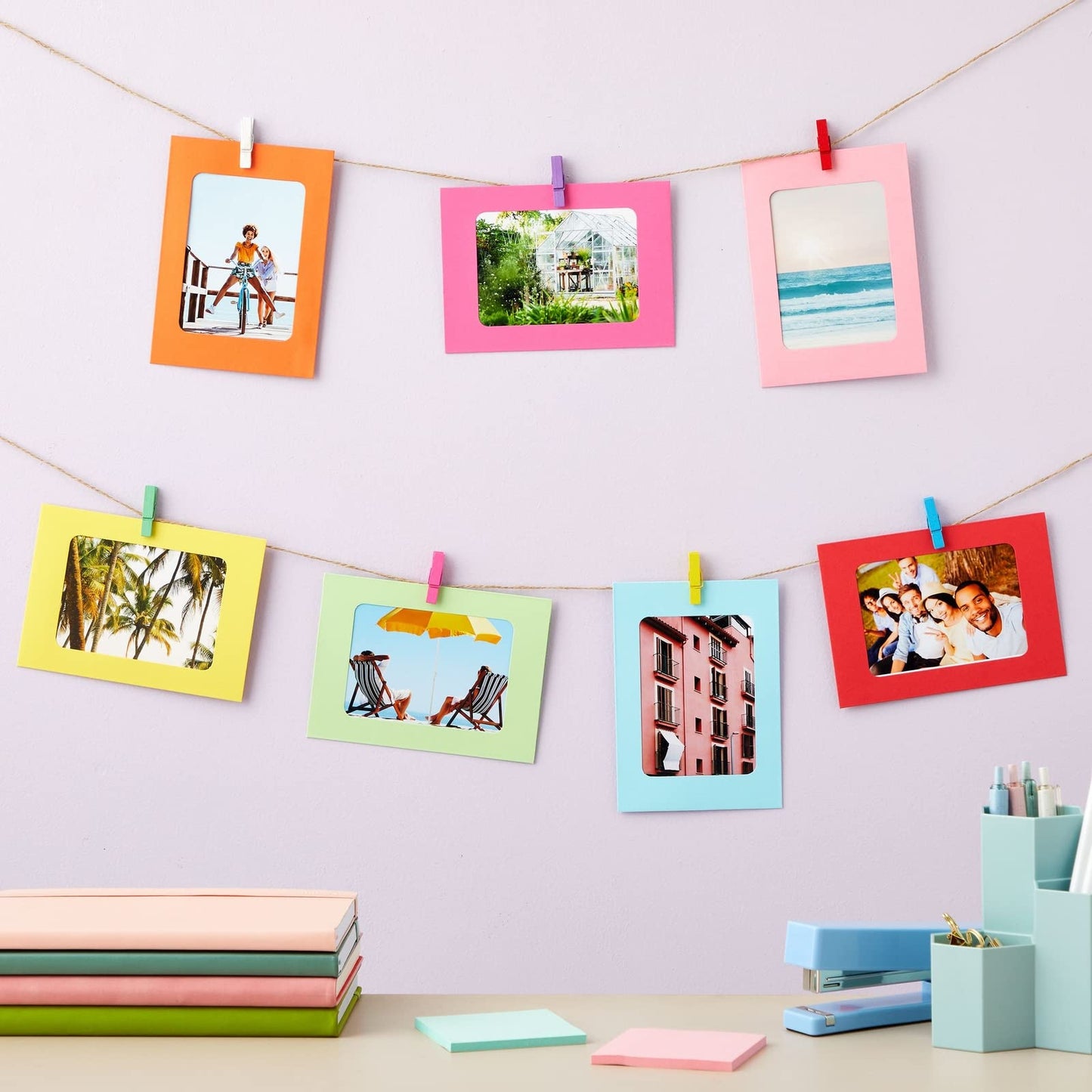 Juvale Paper Picture Frames - Hanging Photo Display - DIY Craft Projects & Craft Frames - Easy Install with Photo Hanging Clips String - 10 Colors, Pack of 50, Fits 4x6 Prints