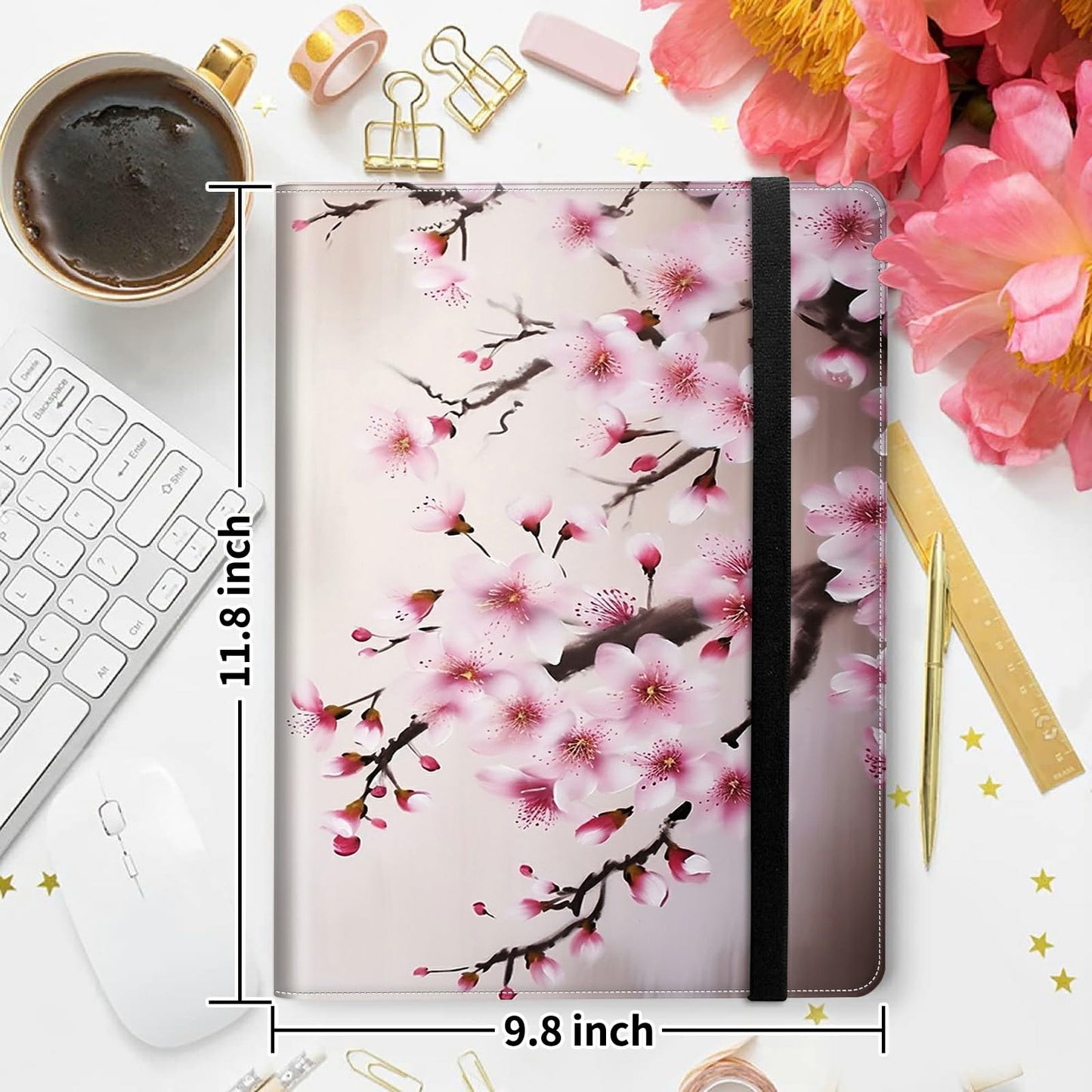 DIGTIALL Padfolio Folder with Clipboard,Portfolios Organizer Clipboards with Storage Clipboard Writing Pad PU Leather Conference Document Organizer with Business Card Holder,Cherry Blossom