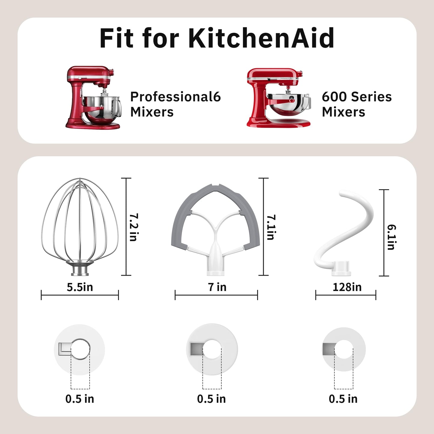 Flex Edge Beater 3Pcs for KitchenAid Mixer Attachments and Accessories Compatible with 6 Quart Lifting Stand Mixers (KN256 6-Wire Whip, 6QT Flat Beater Paddle, 6QT Dough Hook Attachment)