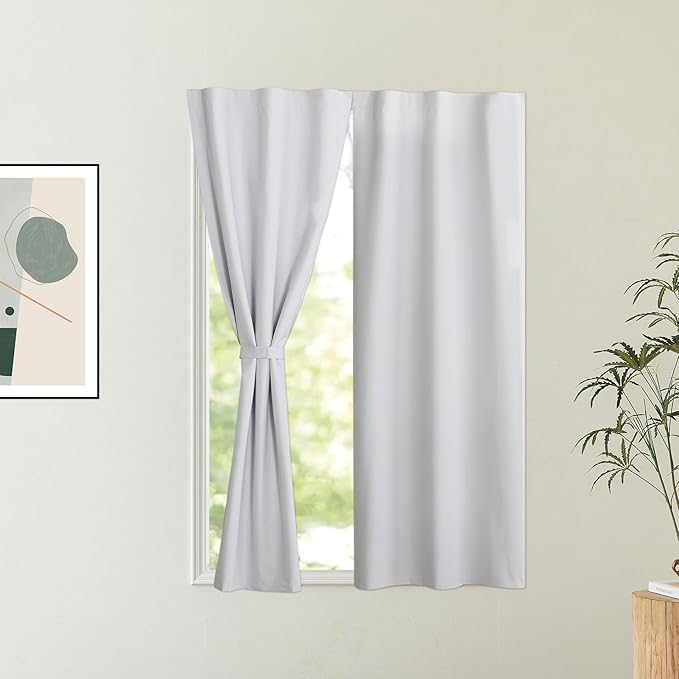 NICETOWN 100% Blackout Door Blinds for Window Covering, No Drill Cordless Roller Shades for Windows, Thermal Insulated French Door Curtain with Tieback, 30 x 72 inch Long, 1 Panel, Greyish White