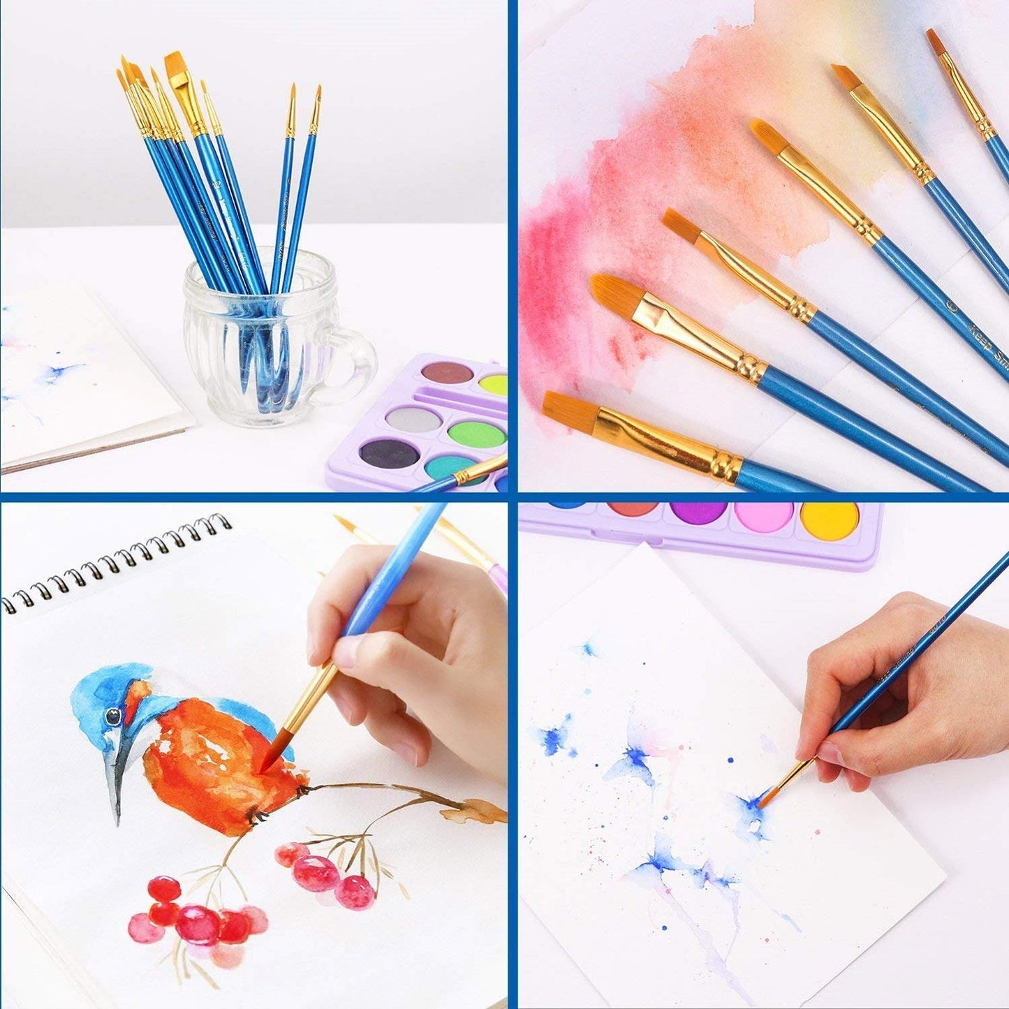 AROIC Paint Brush Set, 10 Pack 100 Pcs Acrylic Paint Brushes Artist Paint Brushes for Oil Watercolor Acrylic Face Rock Painting（Blue）