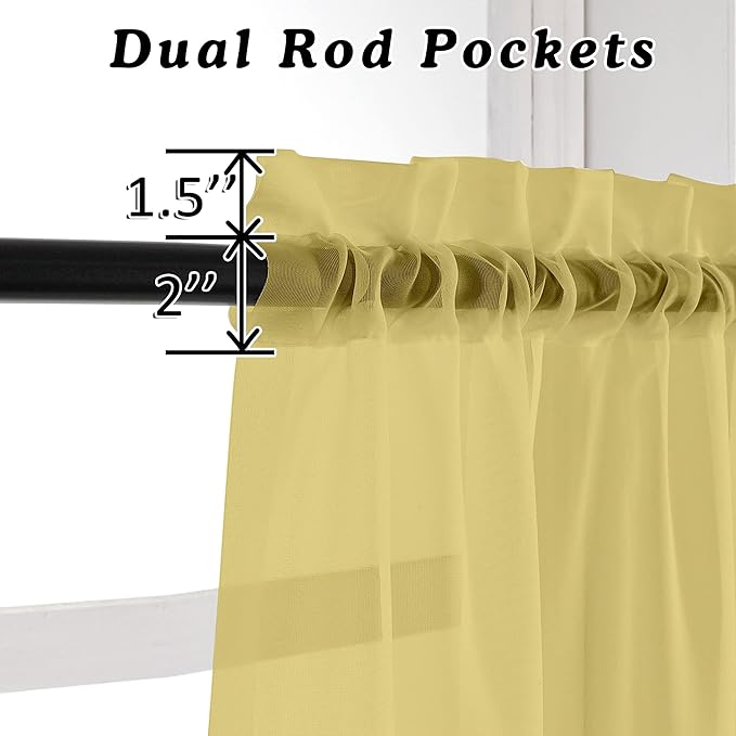 OVZME Mustard Yellow Sheer Curtains, 36 inch 2 Panels Set, Light Filtering Short Voile Curtains Drapes, Rod Pocket, 42W x 36L