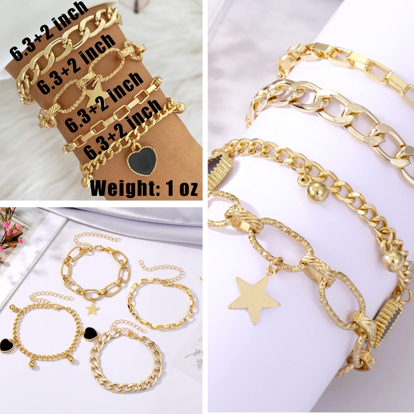 IFKM 6 PACK (22 PCS) Gold Chain Bracelets Set for Women, 14K Gold Plated Multiple Layered Stackable Open Cuff Wrap Bangle Bracelet Adjustable Link Italian Cuban Jewelry for Women Gift