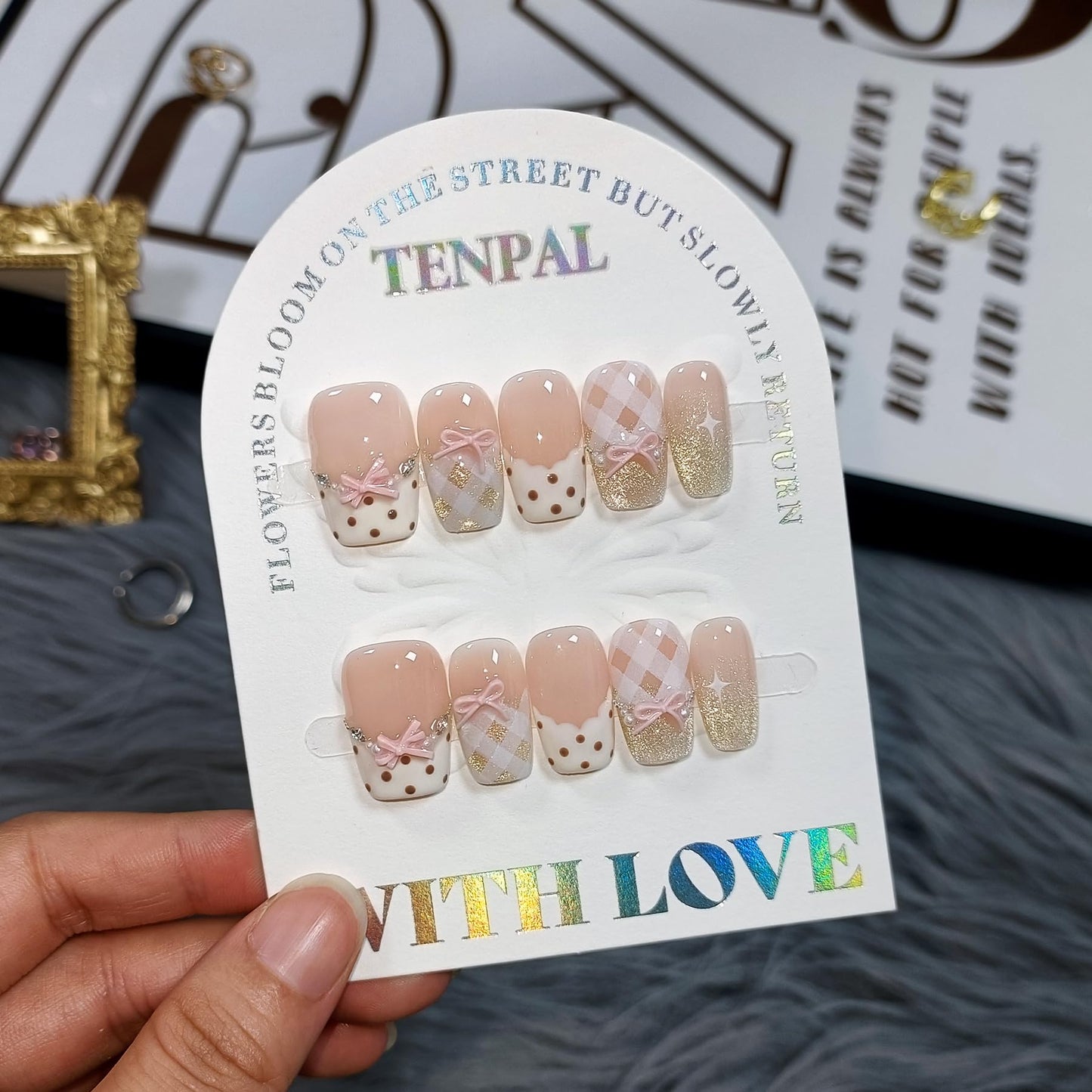 TENPAL 10Pcs Y2K Short Medium Coffin Press On Nails With Tools Kit,Light Pink Cat Eye French Fake Nails with Dot Bow Plaid Pattern,K-Beauty Acrylic Glue on Nails for Wedding Party Daily Wear(M)