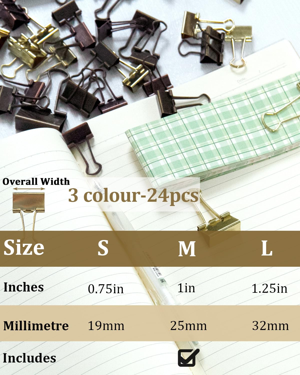 Standard Binder Clips 1in 24-Pack - Bronze Office Clips for Documents & Crafts