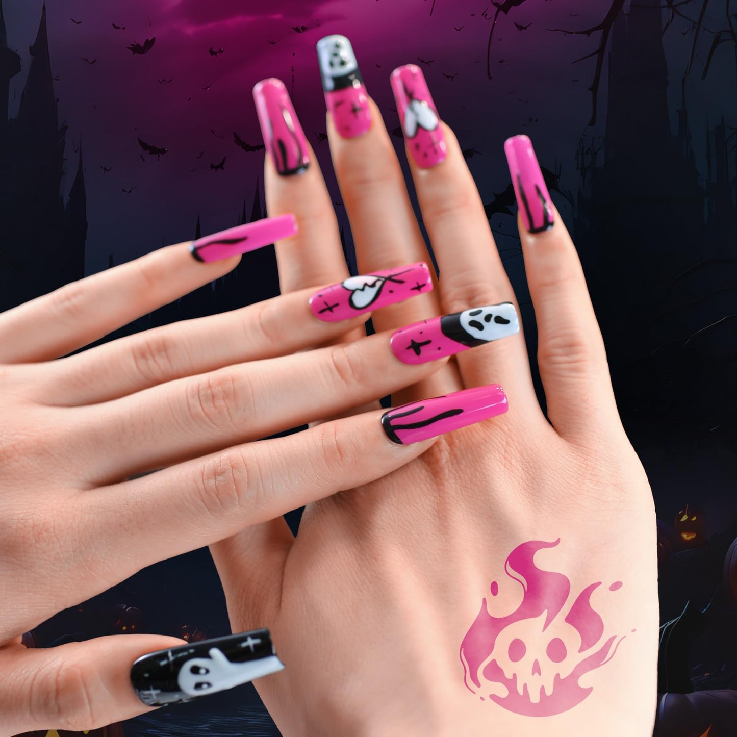 Yacey Halloween Handmade Press on Nails Long Coffin, Horror Ghost Design Reusable Soft Muti-Gel False Nails Press Ons, Thick Acrylic Fake Nails, 3D Artificial Glue on Nails for Women Girls (10 Pcs, L)