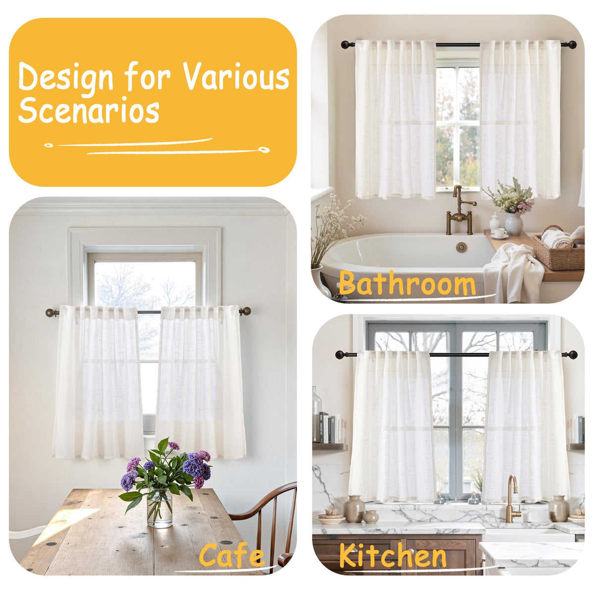 Linen Semi Sheer Curtains 45 Inches Long 2 Panels Set (2 Count)