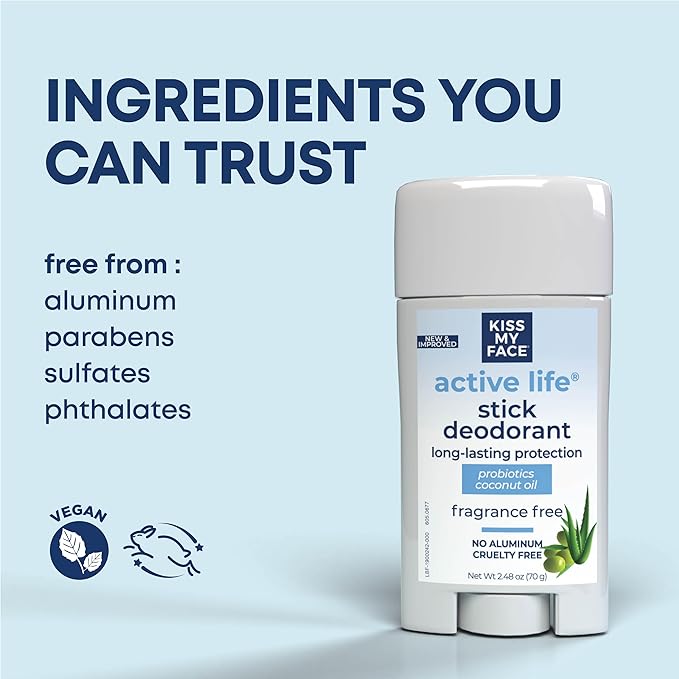 Kiss My Face Active Life Deodorant Contains Naturally Derived Ingredients, 72 Hour Odor Control | Deodorant for Women and Men, Aluminum Free with Coconut Oil and Probiotics, Fragrance Free, 3 pack