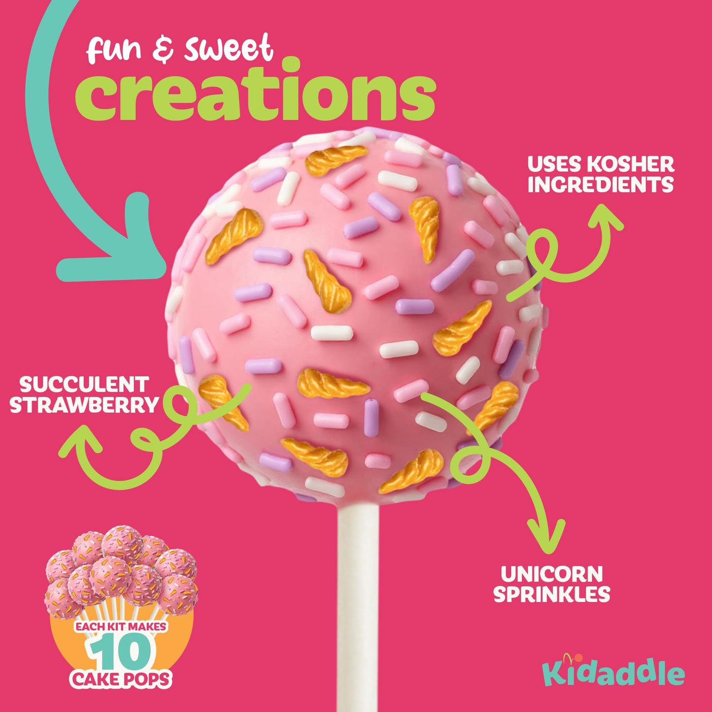 Kidaddle DIY Cake Pop Kit – Unicorn | Baking Kit with Premeasured Ingredients, Decorating Supplies | Made in USA | Certified Kosher | Christmas Gift