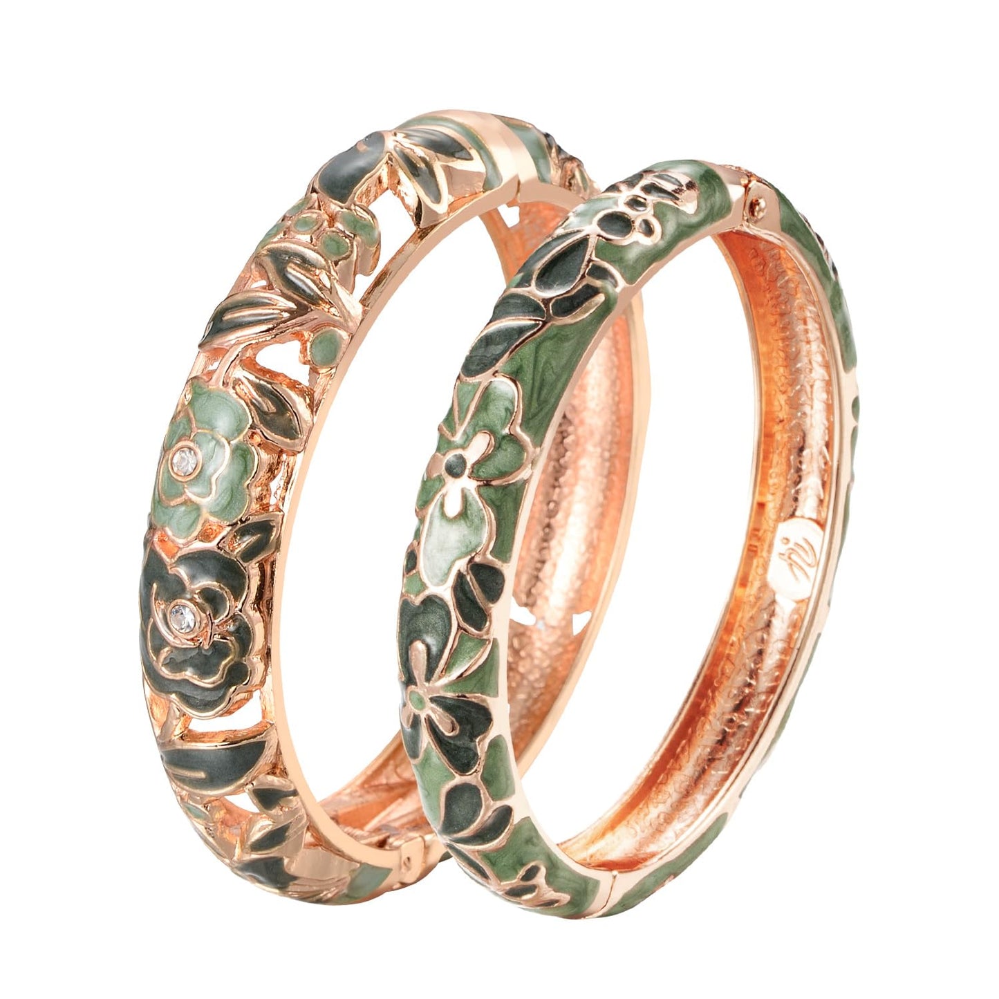 UJOY Vintage Jewelry Cloisonne Handcrafted Flower Enameled Gorgeous Rhinestone Hinged Cuff Bracelet Bangles Gifts 88A10-55A100 Green