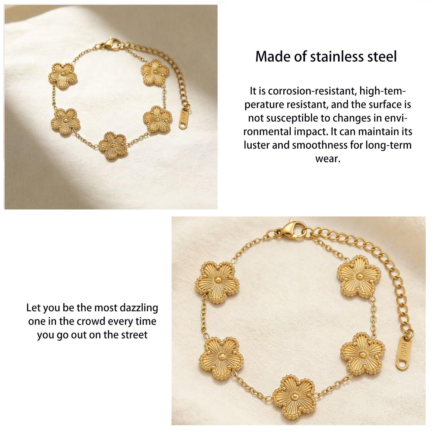 Vbvbip 18K Gold Plated 316L Stainless Steel Bracelet Collection - 12 Unique Designs + Matching Diamond-Accent Titanium Steel Petals Chain, Gift for Women