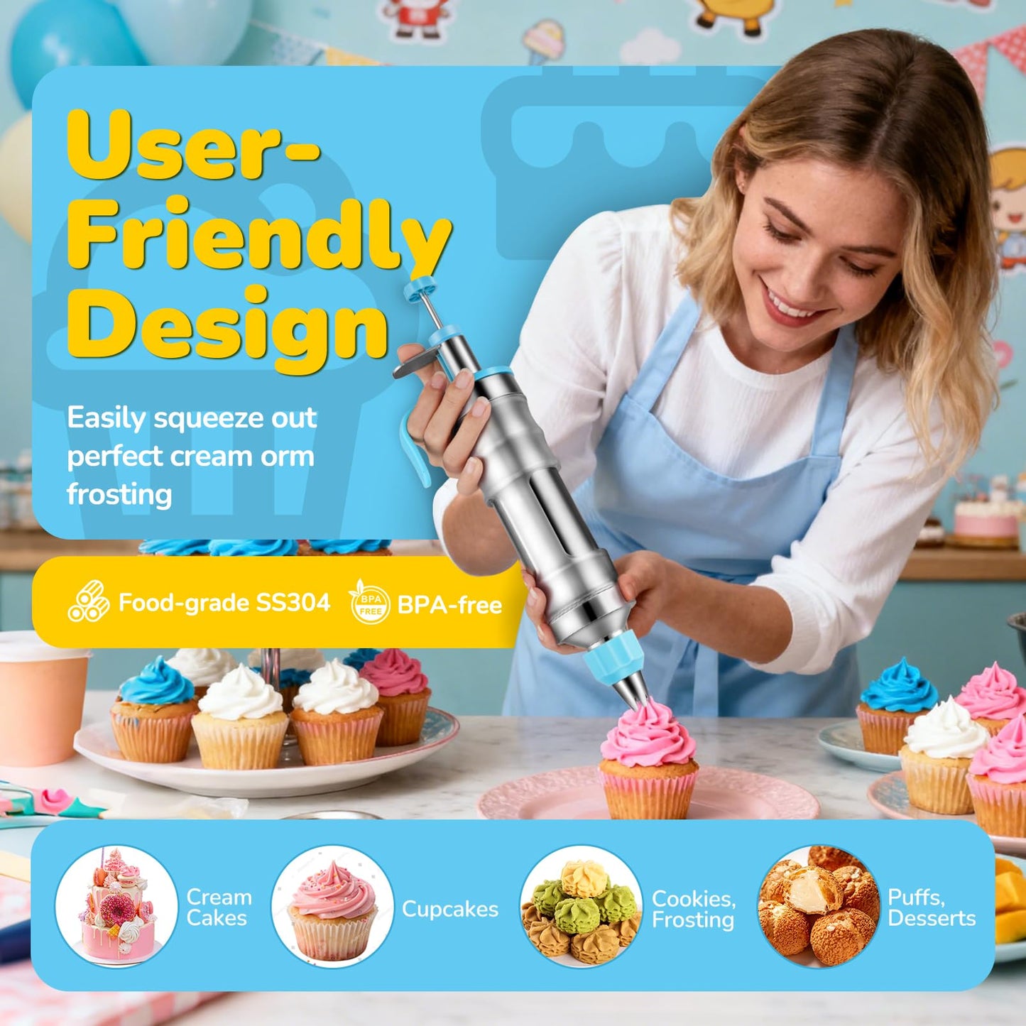 Cake Decorating Tools Supplies Kit: 164pcs Baking Accessories, Dessert Piping Syringe and Icing Tips Set - Puffs Cupcake Frosting Piping Bakery Set for Adults Beginners or Professional, Blue